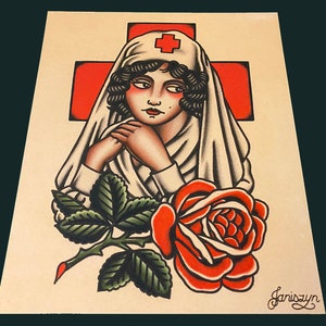 Rose Of No Man&#39;s Land Traditional Tattoo Art Print (8x10) (WW1 Classic Nurse)