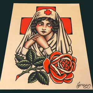 Rose Of No Man's Land Traditional Tattoo Art Print (8x10) (WW1 Classic Nurse)