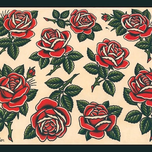 Hoja de tatuaje tradicional de rosas rojas (11 x 14)
