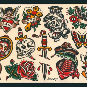 May include: A sheet of traditional tattoo flash art featuring various designs, including a heart with the word "NAME" on it, a skull with a dagger, a snake with a cowboy hat, a butterfly, a penguin, a rose, and a devil in a mirror.