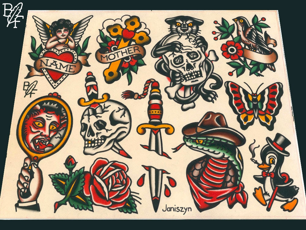 Traditional Tattoo Flash Sheet: Dagger, Skull, Panther, Rose