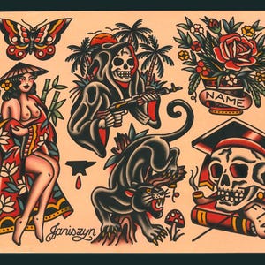 Jungle Reaper American Traditional Tattoo Flash Sheet [2nd Edition] (11x14)  (Reaper, Geisha, Butterfly, Flowers, Skull)