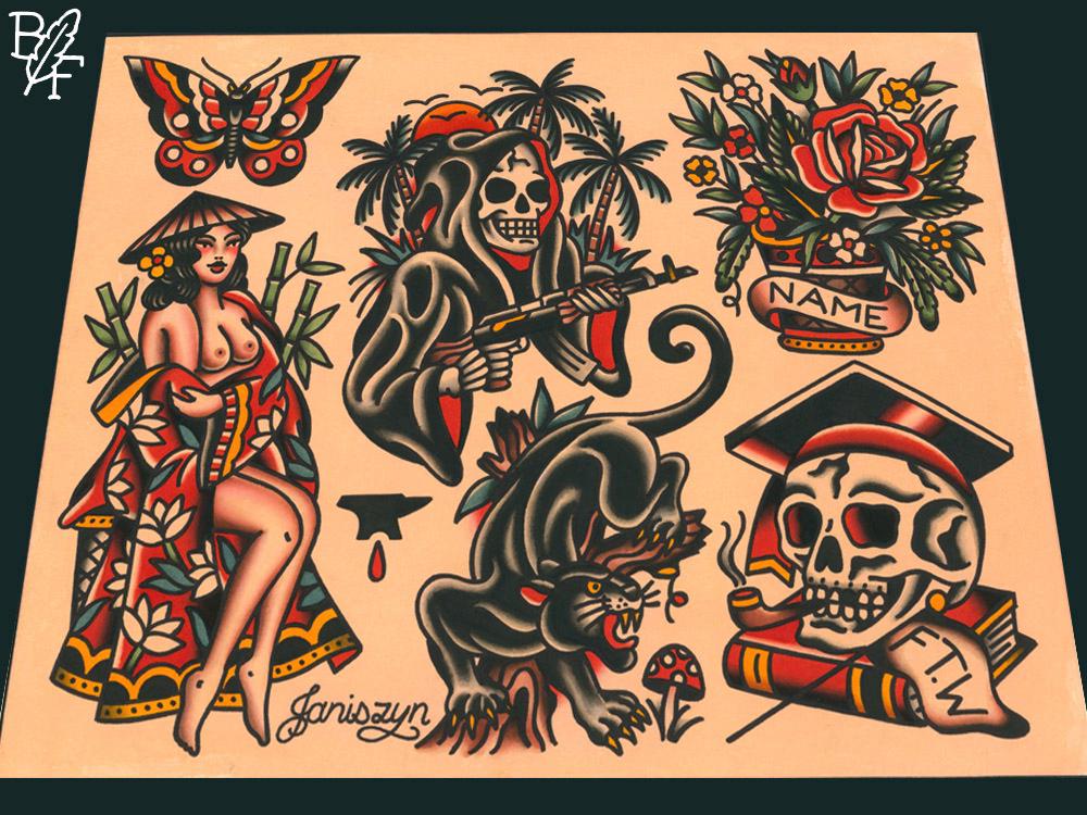American Traditional Tattoo Flash Sheet: Jungle Reaper, Geisha