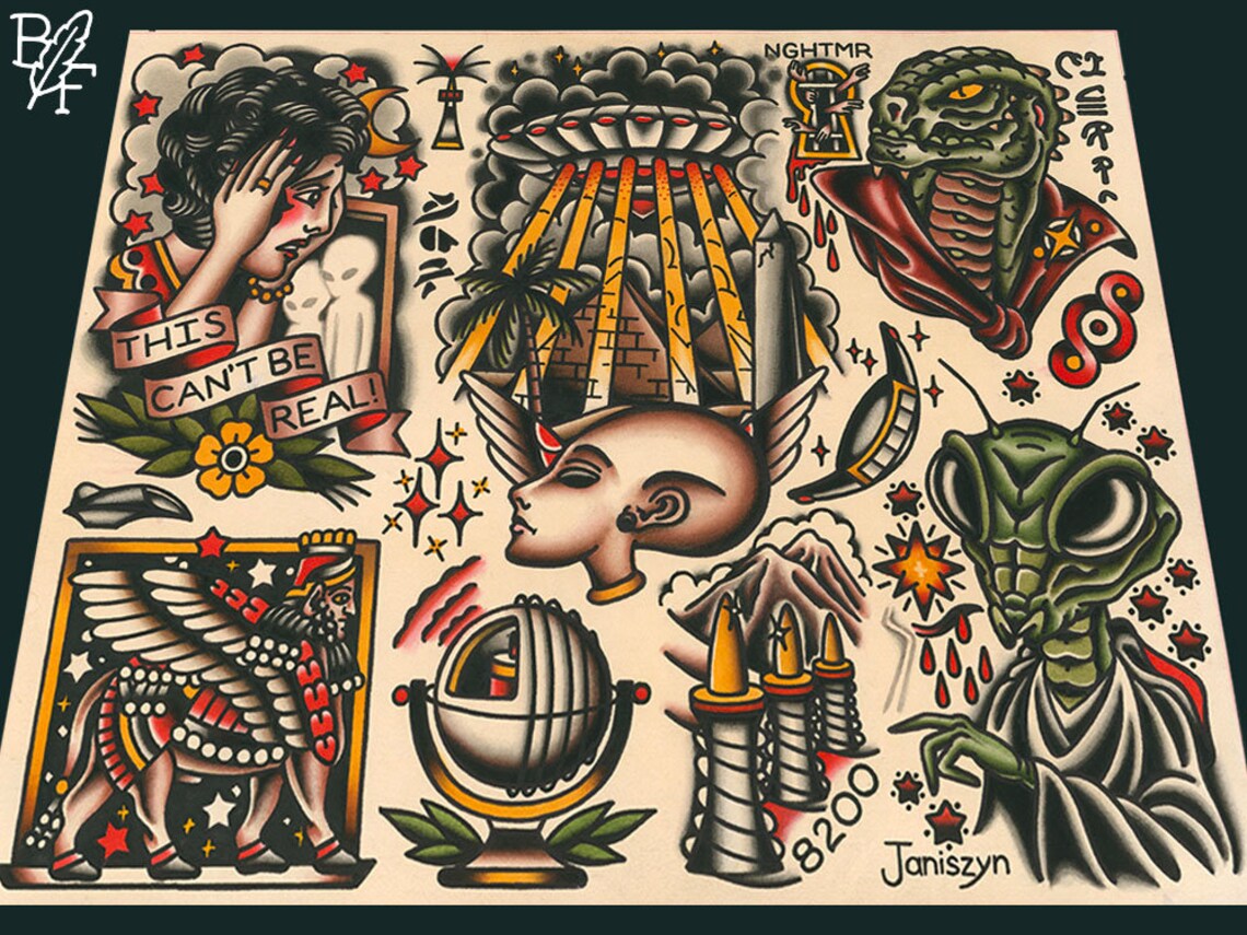 Alien Tattoo Flash Print #1 : Ufology Art Sheet (11x14) - Etsy