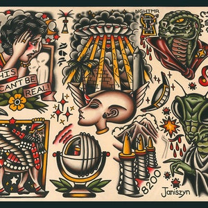 Sheet #1 Alien / Ufo Traditional Tattoo Flash Print (11x14) (Anunnaki, Mantis Alien, Alien Abduction)