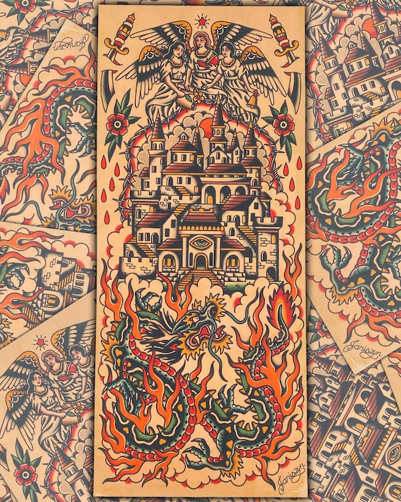 Purgatory Traditional Tattoo Art Print (13x30) (Dragon/Castle/Angels/Daggers/Flames)