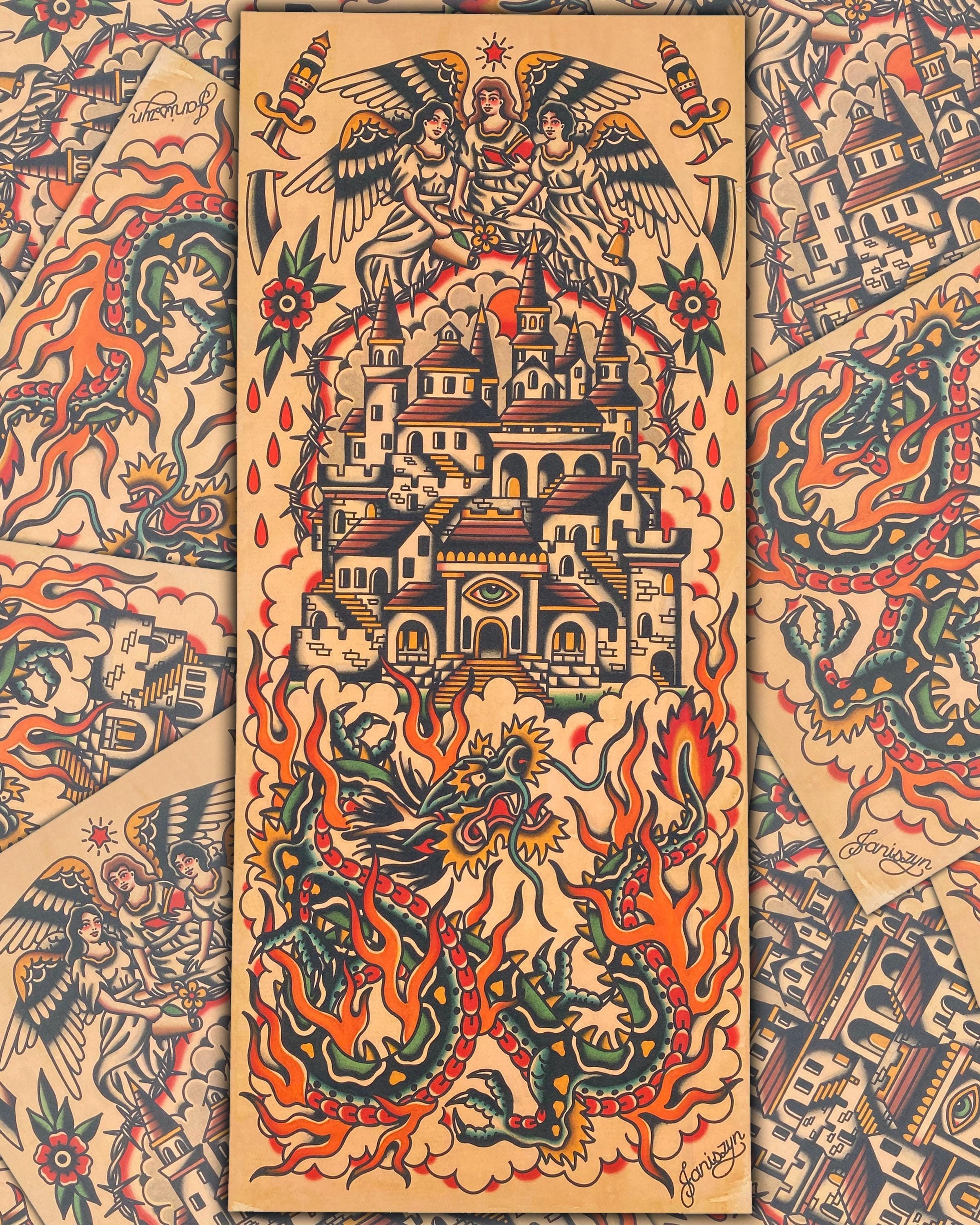 Purgatory Traditional Tattoo Art Print (13x30) (Dragon/Castle/Angels/Daggers/Flames)