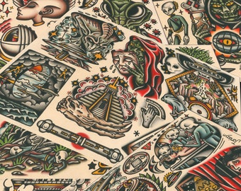 May include: A collection of colorful tattoo flash designs featuring various themes, including aliens, a praying mantis, a pyramid, a crying woman, and a spaceship. The designs are drawn in a traditional tattoo style with bold lines and vibrant colors.