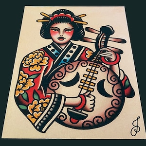 Girl Playing Instrument Traditional Tattoo Flash Art Print (5x7)