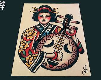 Flicka som spelar instrument Traditionell tatuering Flash Art Print (5x7)