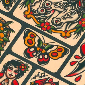 May include: A sheet of traditional tattoo flash designs. The designs include a butterfly, a pair of horses, a woman with a flower in her hair, a cardinal and a baby, and a dagger with blood dripping from it.