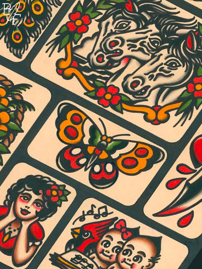 May include: A sheet of traditional tattoo flash designs. The designs include a butterfly, a pair of horses, a woman with a flower in her hair, a cardinal and a baby, and a dagger with blood dripping from it.