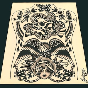 Impression tatouage traditionnel noir et gris sur le dos (11 x 14)