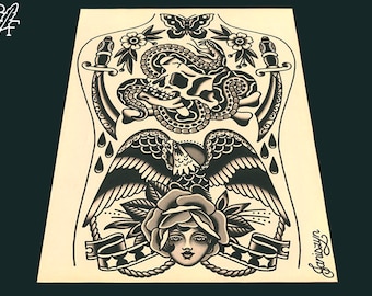 May include: Black and white traditional tattoo flash design featuring a skull, snake, eagle, rose, and daggers. The design is framed by a rope and stars.