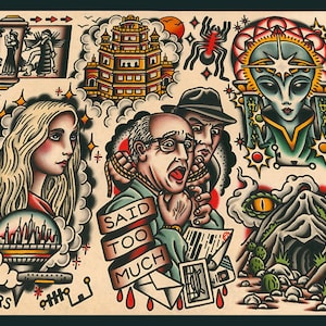 Sheet #5 Alien / Ufo Traditional Tattoo Flash Print (11x14) (Pleiadian Alien, Men In Black, Arcturian Alien, Vimana Ufo, Nazca)