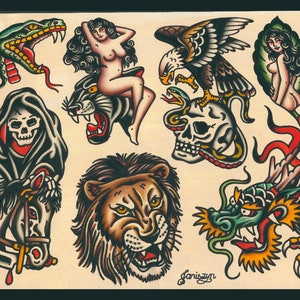 Miscellaneous Traditional Tattoo Flash Sheet  (11x14) (Lion, Dragon, Panther, Reaper, Girl, Snake)