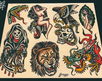 Miscellaneous Traditional Tattoo Flash Sheet (11x14) (lion, Dragon, Panther,  Reaper, Girl, Snake) - Etsy UK, image size:340x270