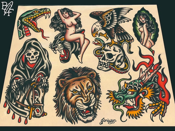 Miscellaneous Traditional Tattoo Flash Sheet (11x14) (lion