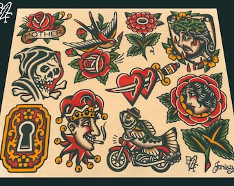 Multis Imaginibus Traditional Tattoo Flash Sheet Print (11x14)