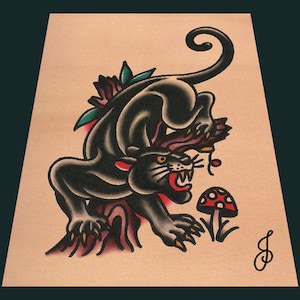 Stampa artistica di un tatuaggio tradizionale con pantera e fungo (5x7)