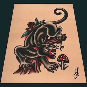 Panther With Mushroom Traditional Tattoo Flash Art Print 5x7 image 1