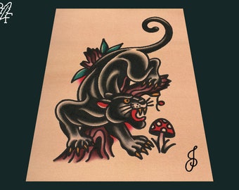 Panther With Mushroom Traditional Tattoo Flash Art Print (5x7)