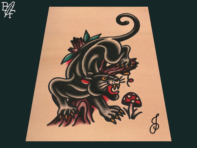 Panther With Mushroom Traditional Tattoo Flash Art Print 5x7 image 1