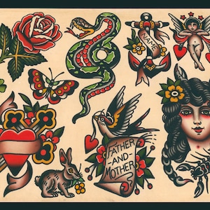 Feuille de tatouage traditionnel au design assorti (11 x 14) (serpent, ancre, croix, papillon, oiseau, rose, chérubin)