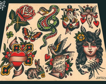 Assorted Design Traditional Tattoo Flash Sheet (11x14) (Snake, Anchor, Cross, Butterfly, Bird, Rose, Cherub)