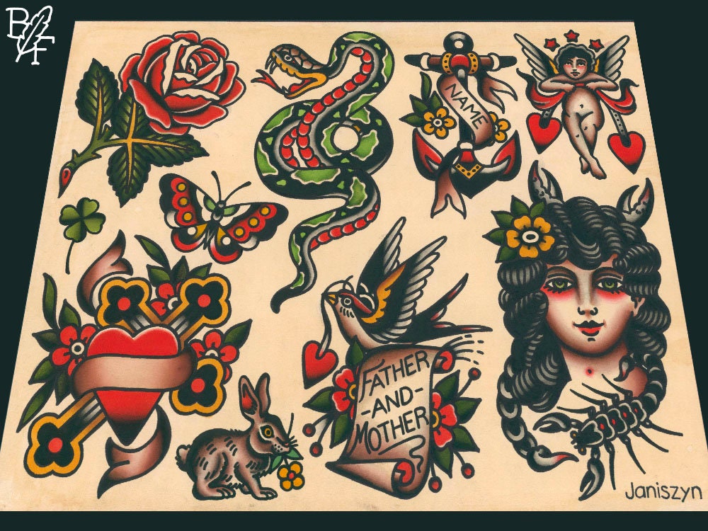 Assorted Design Traditional Tattoo Flash Sheet (11x14