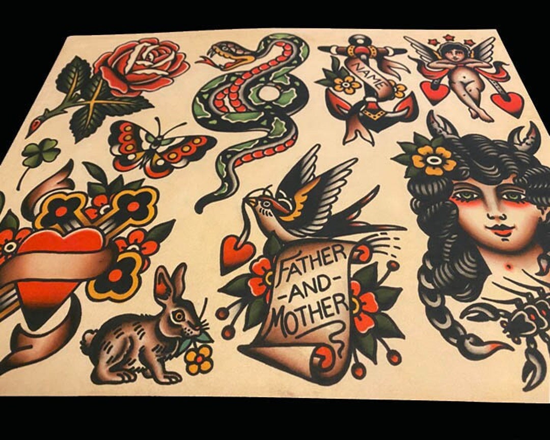 Assorted Design Traditional Tattoo Flash Sheet 11x14 snake - Etsy