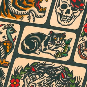 May include: A sheet of traditional tattoo flash art featuring a variety of designs, including a tiger, a skull wearing a hat, a cat with a fish, a peacock, and two horses. The designs are drawn in black ink on a cream-colored background.