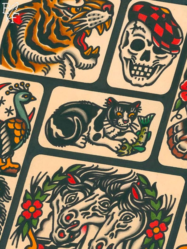 May include: A sheet of traditional tattoo flash art featuring a variety of designs, including a tiger, a skull wearing a hat, a cat with a fish, a peacock, and two horses. The designs are drawn in black ink on a cream-colored background.