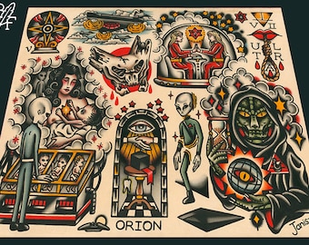 May include: A vintage-style tattoo flash sheet with various images, including a woman breastfeeding a baby, a skull, an eye, an alien, and a hooded figure holding a globe. The sheet is titled "Orion" and signed "Janiszyn".