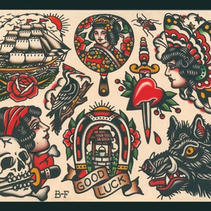 Traditional Tattoo Flash Sheet: Ship, Geisha, Skull, and More (11x14)