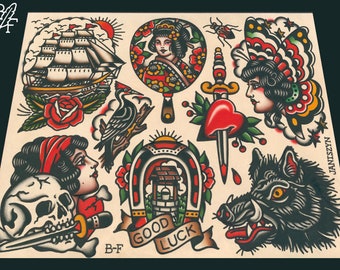 Wings Blades And Leaves Traditional Tattoo Flash Sheet (11x14) (Ship/Rose, Geisha Fan, Girl Skull, Horseshoe, Woodpecker, Wishing Well)