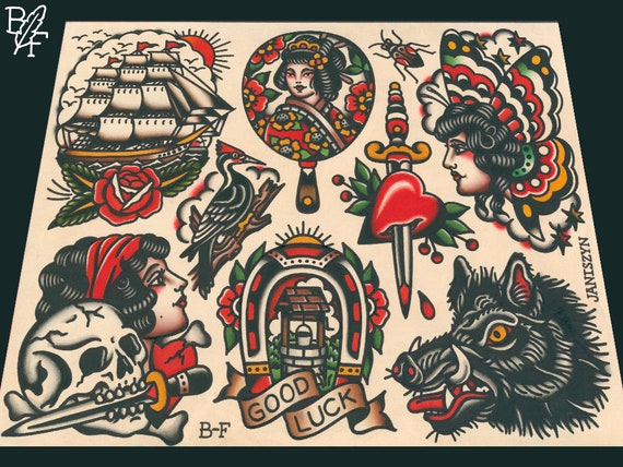 Traditional Tattoo Flash Sheet: Ship, Geisha, Skull, and More
