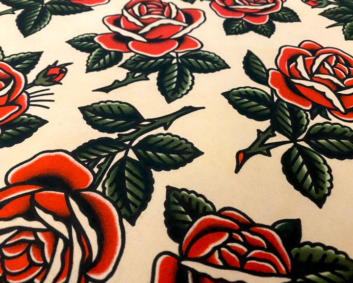 Red Roses Traditional Tattoo Flash Sheet (11x14) - Etsy