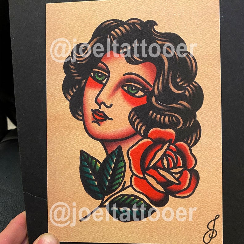 Girl and Rose Traditional Tattoo Flash Art Print (5x7) - Etsy