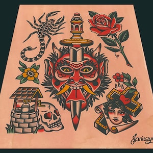 Może przedstawiać: Tradycyjna karta wzorów tatuażu z czerwoną maską diabła, sztyletem, skorpionem, różą, studnią, czaszką, krzyżem z sercem i twarzą kobiety. Karta jest podpisana "Janiszyn".
