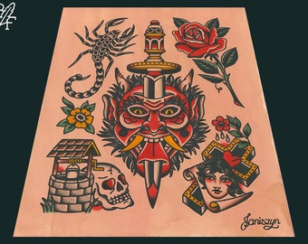 Hoja de tatuaje tradicional de Diablo y Daga (11 x 14)