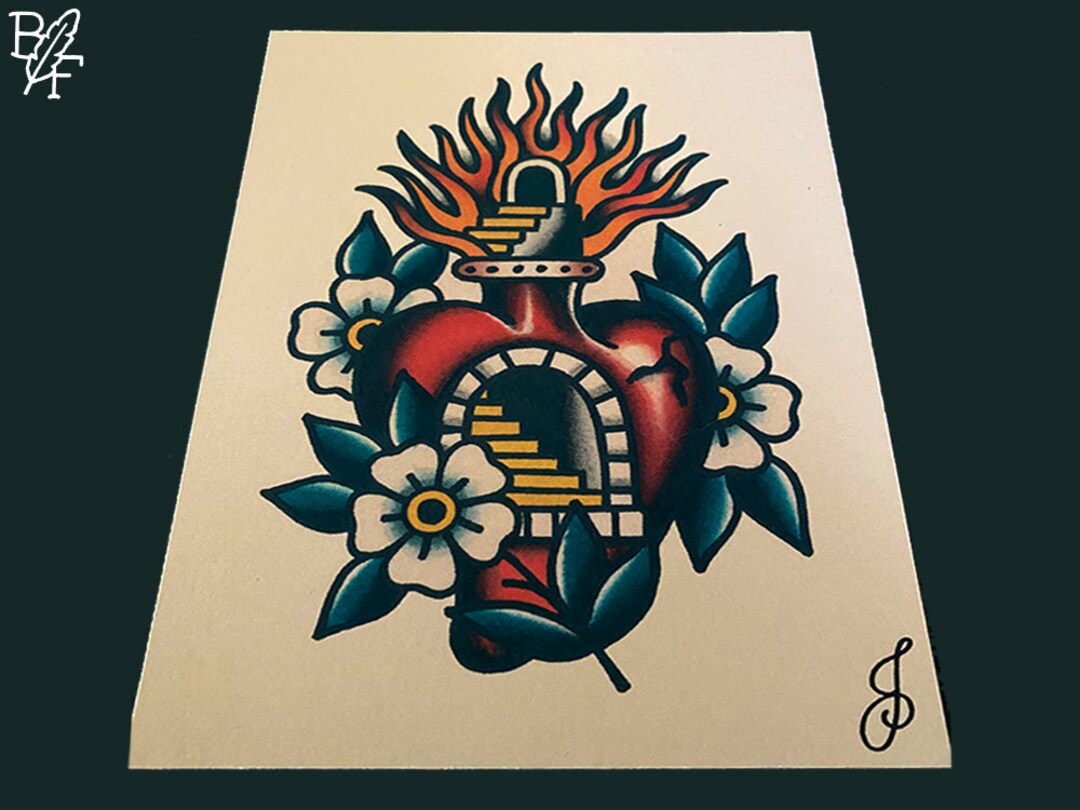 Sacred Heart Walking Path Traditional Tattoo Flash Art Print (5x7) - Etsy