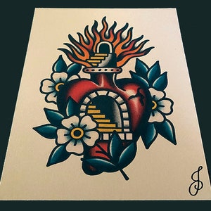 May include: A traditional tattoo flash design of a red heart with a golden archway and stairs inside. The heart is surrounded by blue and green leaves and white flowers.