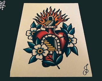 May include: A traditional tattoo flash design of a red heart with a golden archway and stairs inside. The heart is surrounded by blue and green leaves and white flowers.