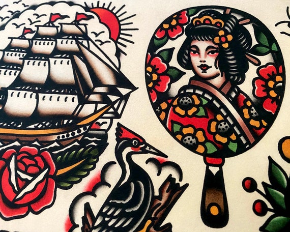 Traditional Tattoo Flash Sheet: Ship, Geisha, Skull, and More