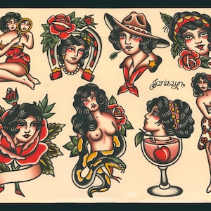 American Traditional Tattoo Flash Sheet &quot;Black Hair Beauties&quot;  (11x14)
