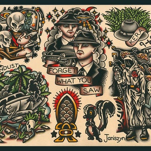 Sheet #2 Alien / Ufo Traditional Tattoo Flash Print (11x14) (Alien Abduction, Men In Black, Ufo Crash, Pleiadian)