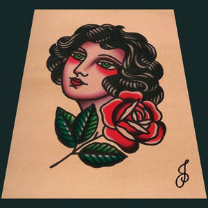 Girl And Rose Traditional Tattoo Flash Art Print (5x7)