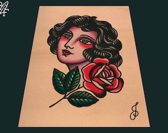 May include: A traditional tattoo flash design featuring a woman with dark hair and a red rose. The woman has green eyes and red lips. The rose has a green stem and leaves.