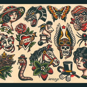 Traditional Tattoo Flash Sheet &quot;Ladies, love, and Danger&quot; (11x14)